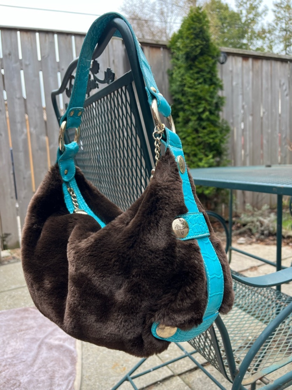 Y2K Kathy Van Zeeland Faux Fur Hobo Shoulder Bag with Turquoise Trim